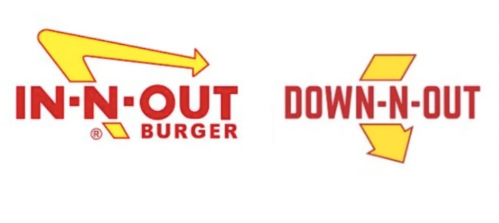 In-N-Out Burger's logo next to Down N' Out's logo. Both logos have the business name in red, block font and display a yellow arrow design cutting through the business name.